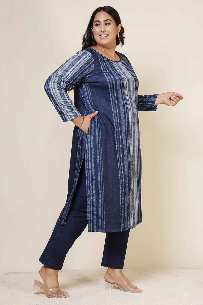 Plus Size Blue Vertical Stripe Round Neck SnugWeave™ Winter Kurta