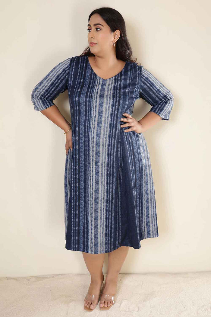 Plus Size Blue Vertical Stripe SnugWeave Winter Dress