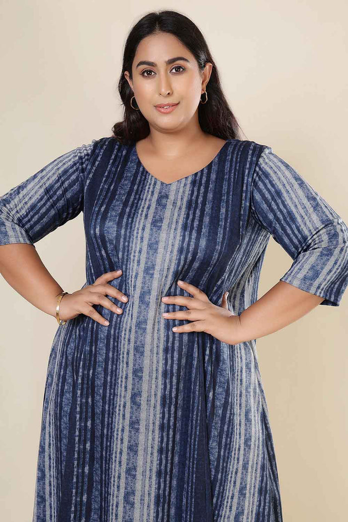 Plus Size Blue Vertical Stripe SnugWeave Winter Dress