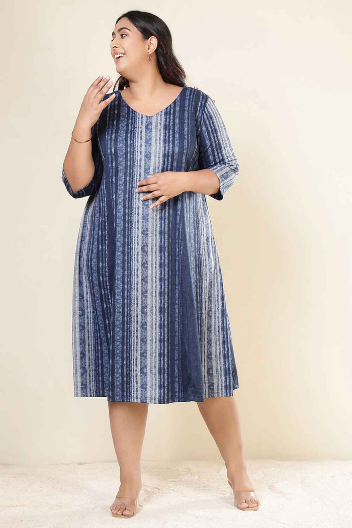 Plus Size Blue Vertical Stripe SnugWeave Winter Dress