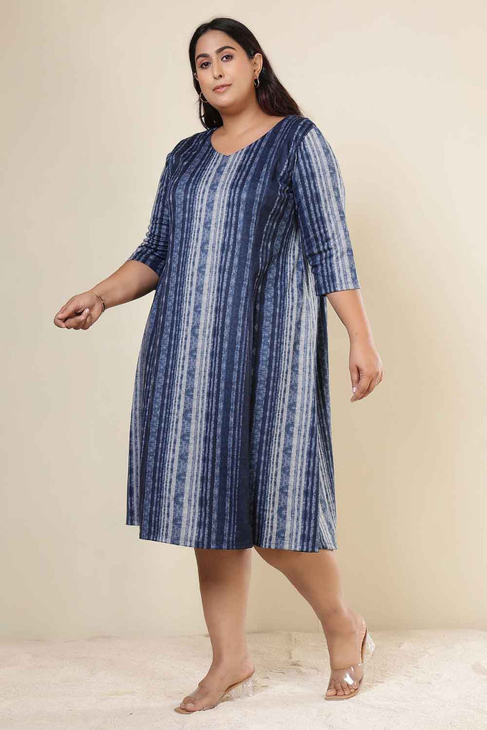 Plus Size Blue Vertical Stripe SnugWeave Winter Dress