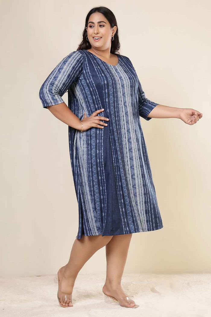 Plus Size Blue Vertical Stripe SnugWeave Winter Dress