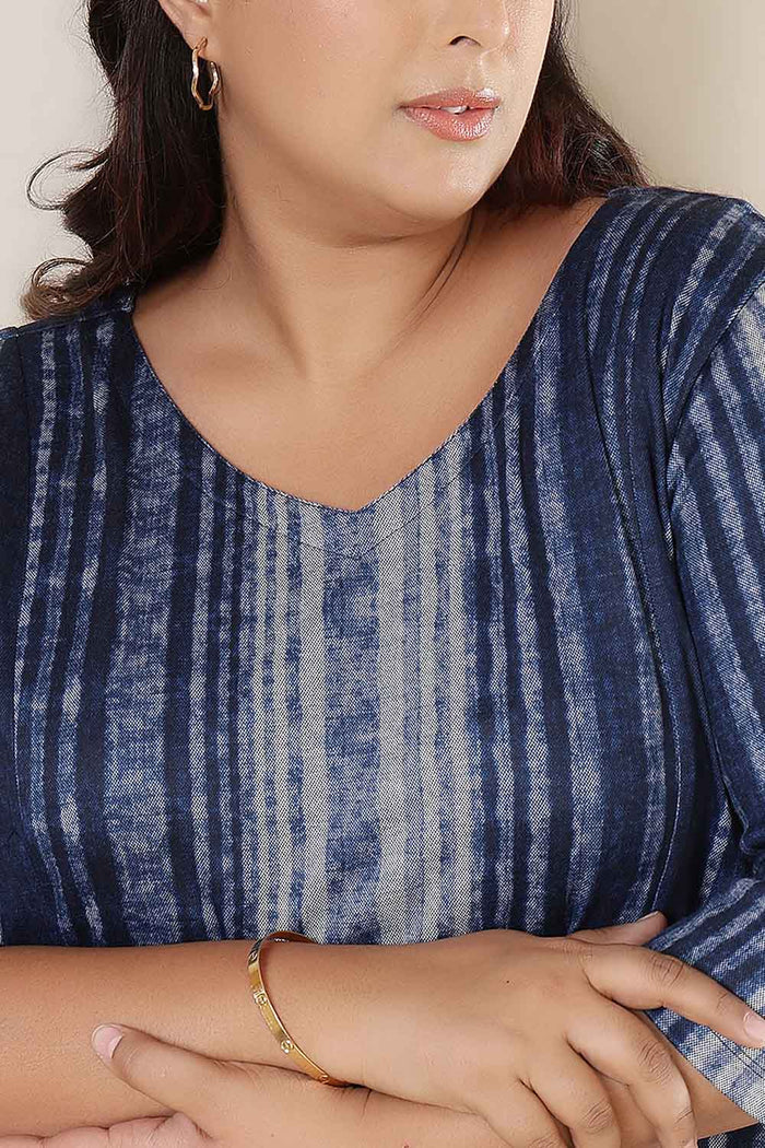 Plus Size Blue Vertical Stripe SnugWeave Winter Dress
