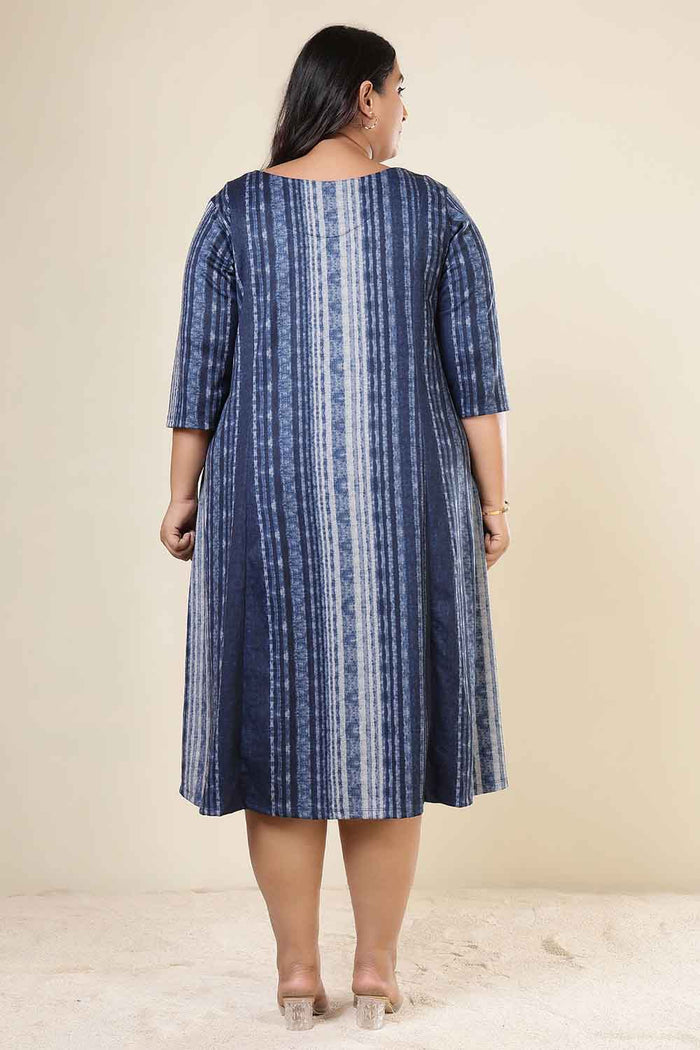 Plus Size Blue Vertical Stripe SnugWeave Winter Dress