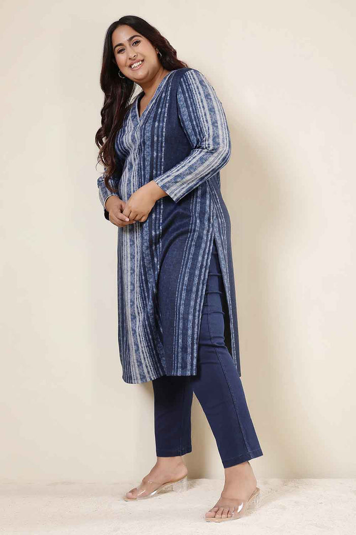 Plus Size Blue Vertical Stripe V Neck SnugWeave™ Winter Kurta