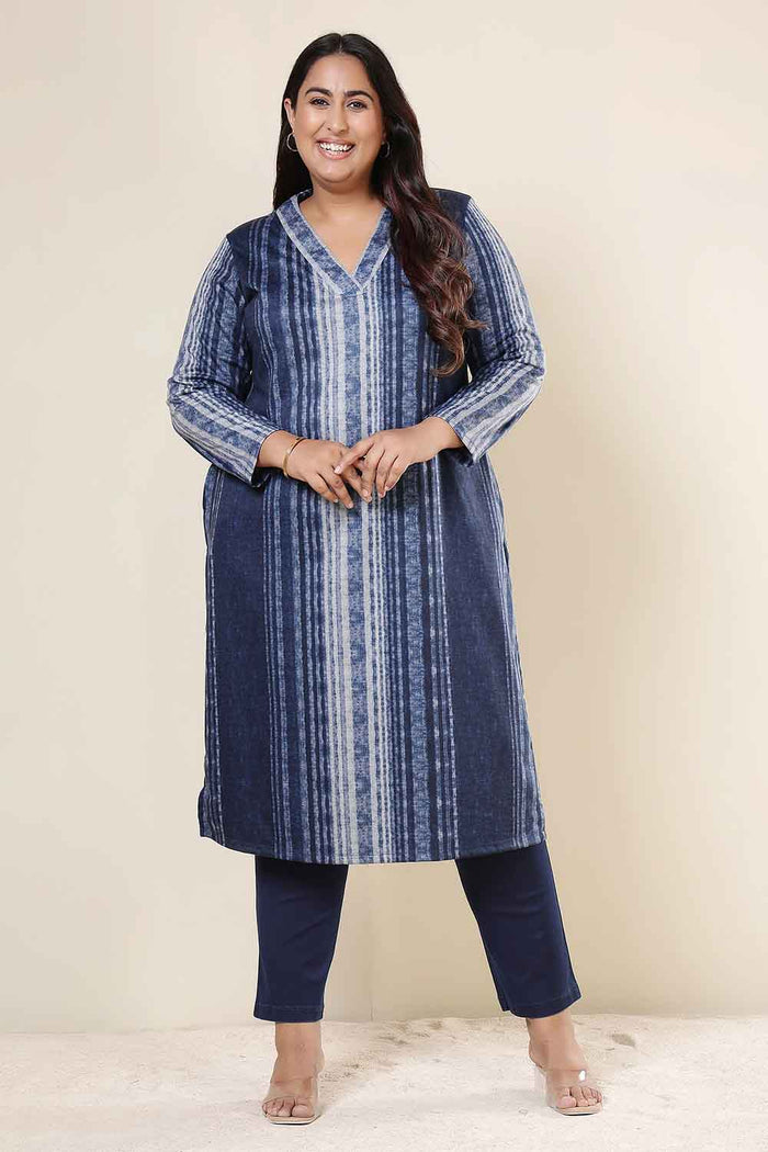 Plus Size Blue Vertical Stripe V Neck SnugWeave™ Winter Kurta