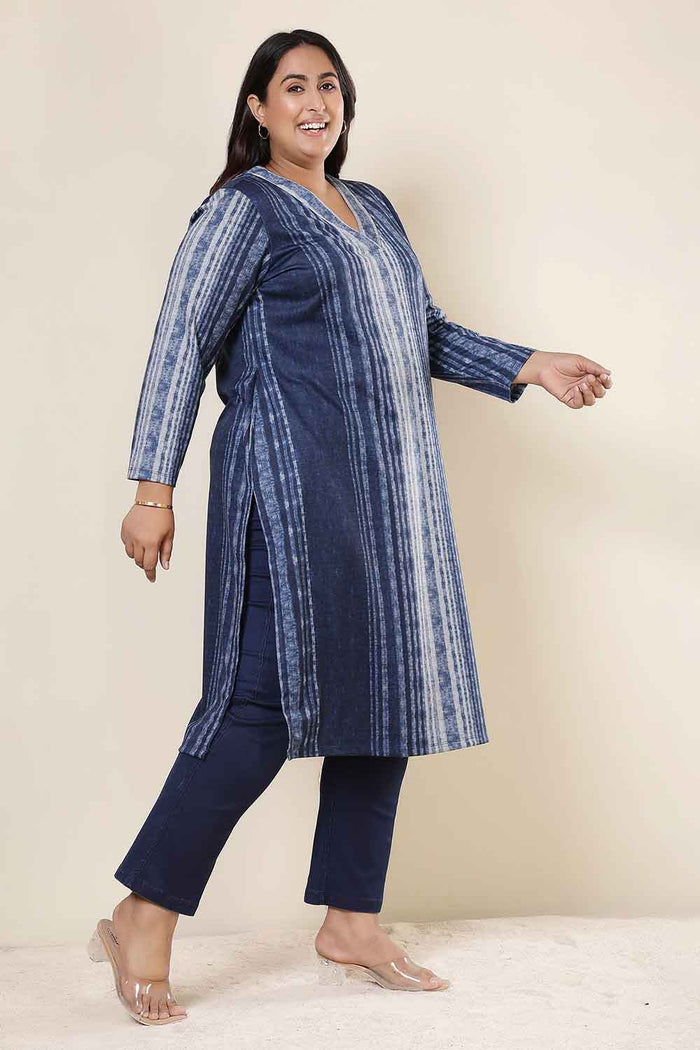 Plus Size Blue Vertical Stripe V Neck SnugWeave™ Winter Kurta