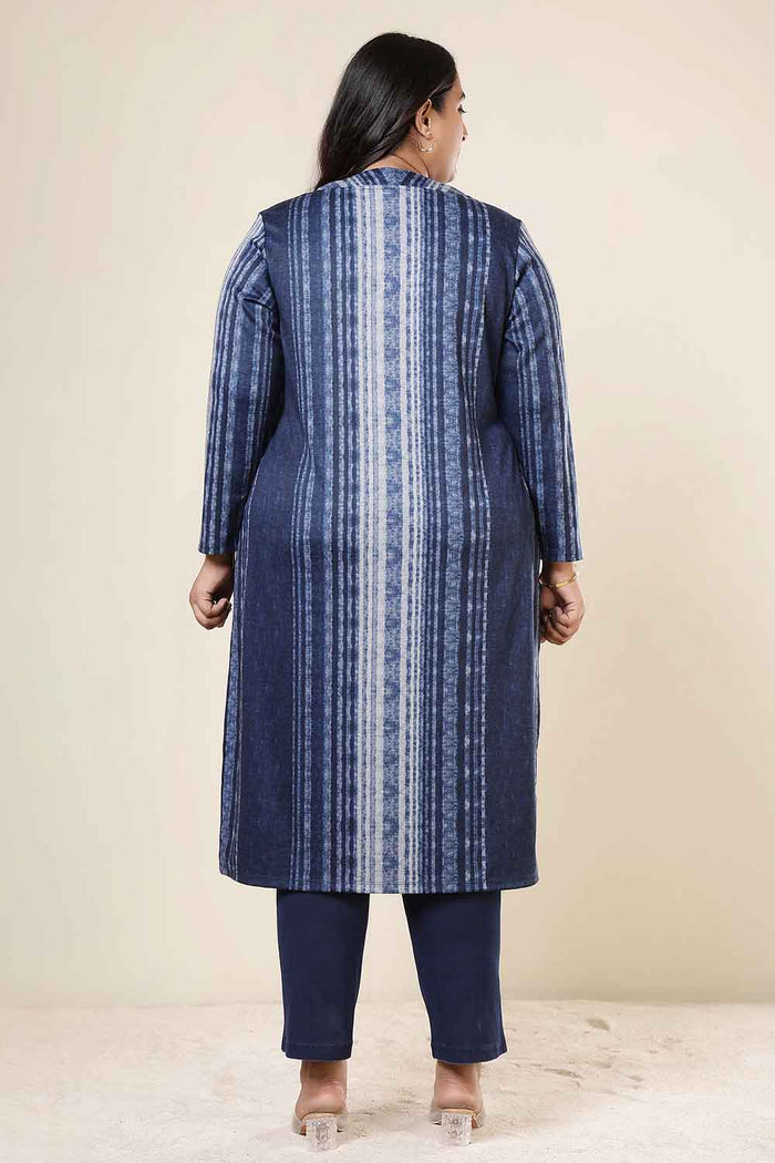 Plus Size Blue Vertical Stripe V Neck SnugWeave™ Winter Kurta
