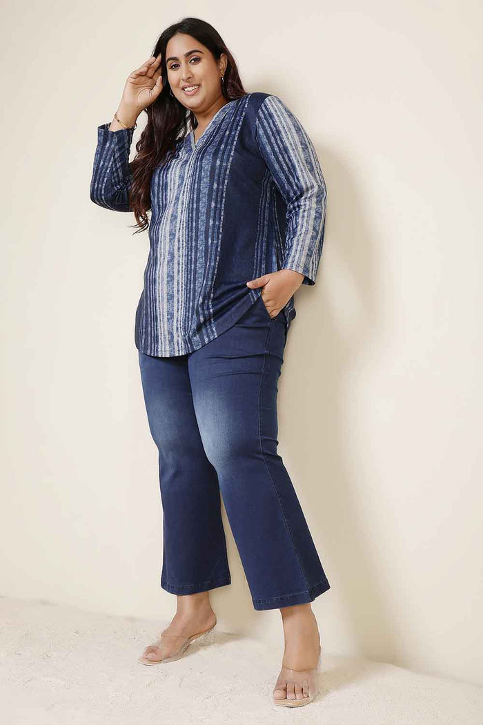 Plus Size Blue Vertical Stripe V Neck SnugWeave Winter Top