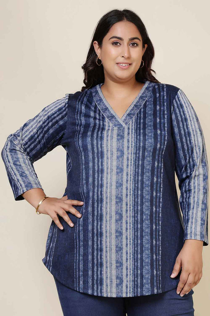 Plus Size Blue Vertical Stripe V Neck SnugWeave Winter Top