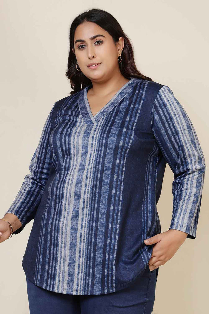 Plus Size Blue Vertical Stripe V Neck SnugWeave Winter Top