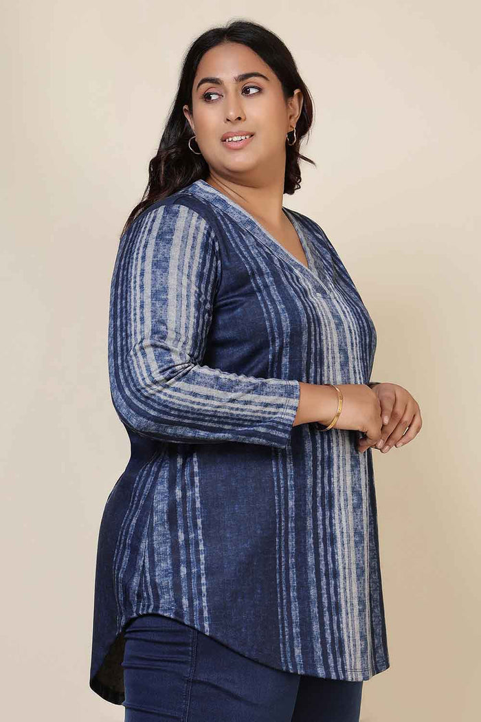 Plus Size Blue Vertical Stripe V Neck SnugWeave Winter Top