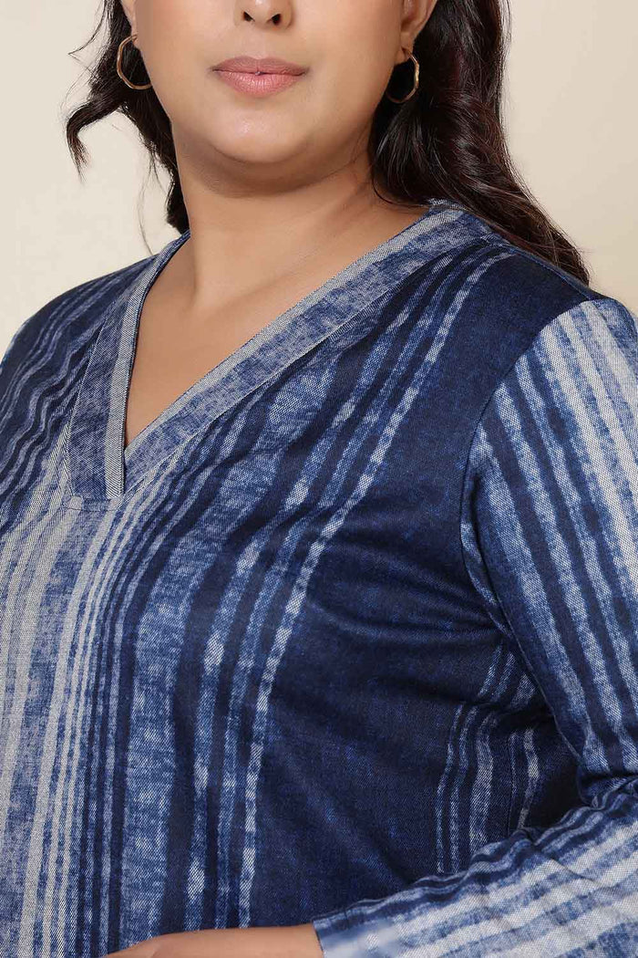 Plus Size Blue Vertical Stripe V Neck SnugWeave Winter Top