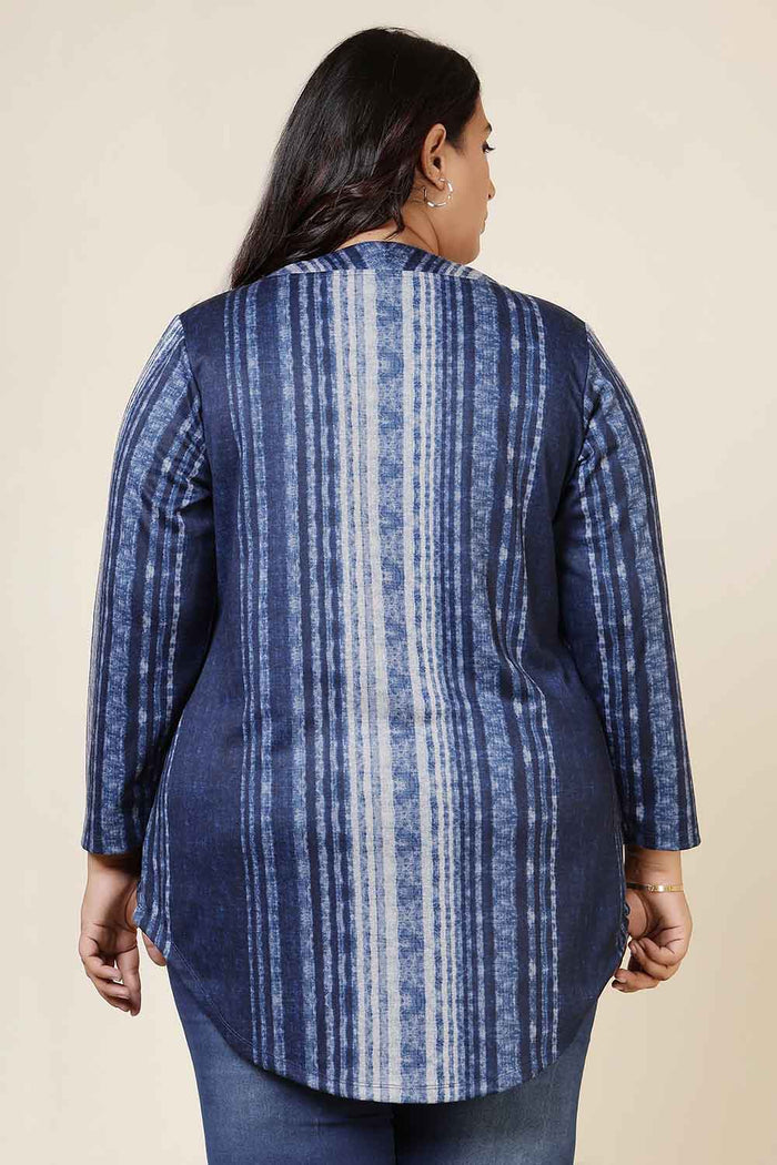 Plus Size Blue Vertical Stripe V Neck SnugWeave Winter Top