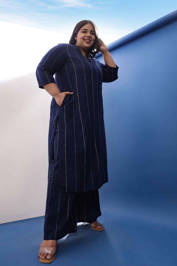 Plus Size Blue Weave Work Cotton Kurta Coord Set