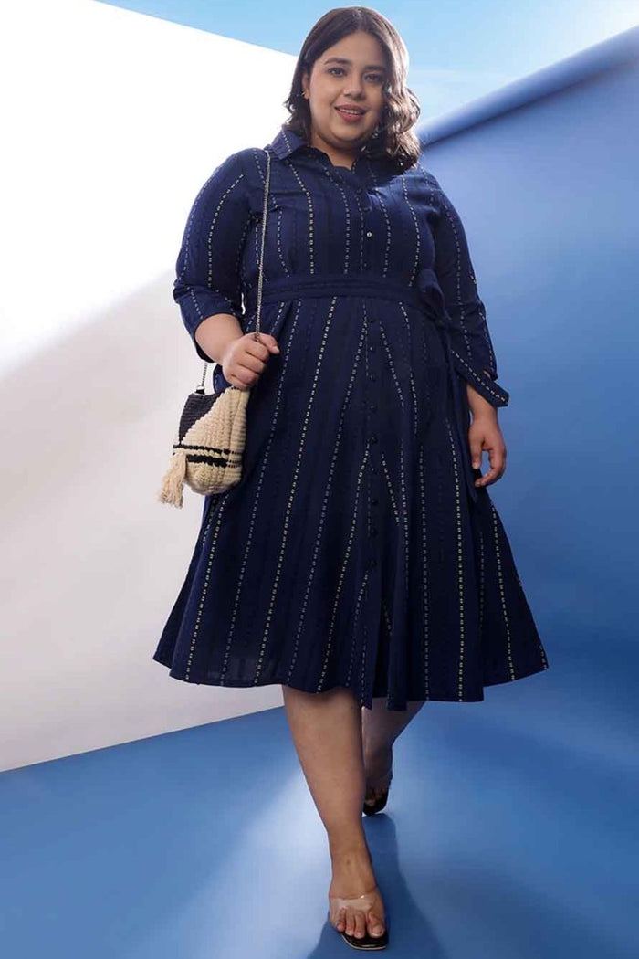 Plus Size Blue Weave Work Cotton Shirt Dress