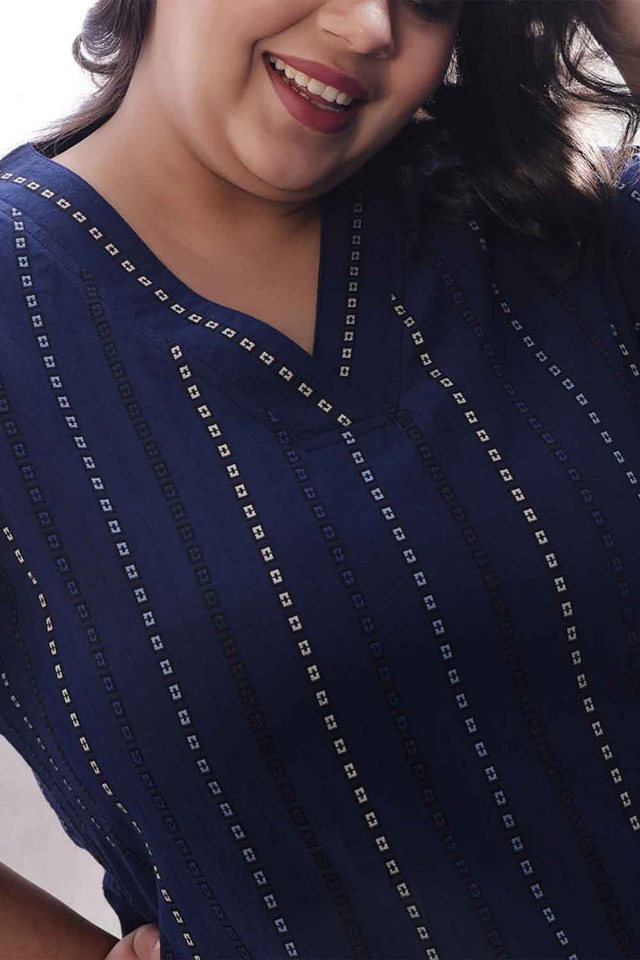 Plus Size Blue Weave Work V Neck Cotton Kurta