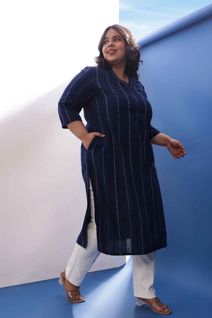 Plus Size Blue Weave Work V Neck Cotton Kurta