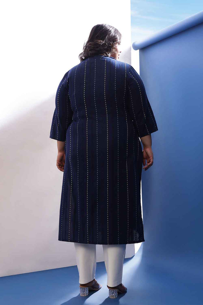 Plus Size Blue Weave Work V Neck Cotton Kurta