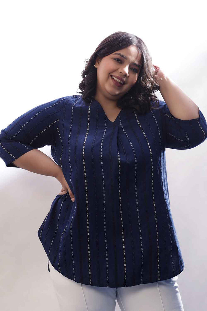 Plus Size Blue Weave Work  V Neck Cotton Top