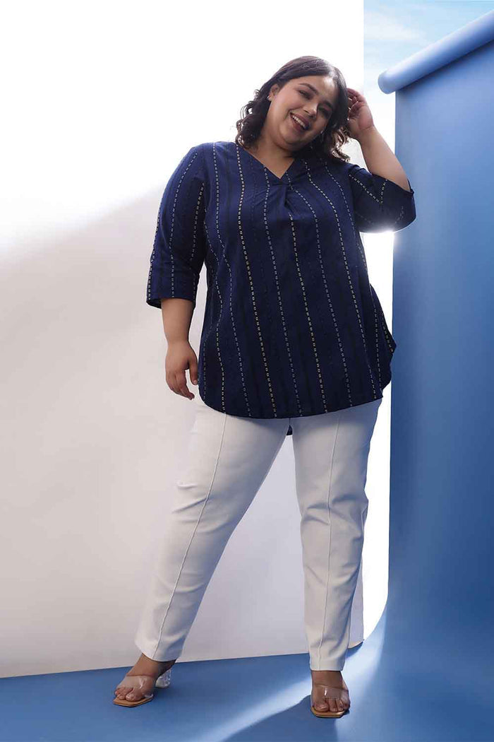 Plus Size Blue Weave Work  V Neck Cotton Top