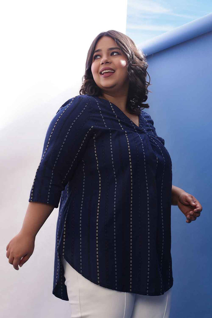 Plus Size Blue Weave Work  V Neck Cotton Top