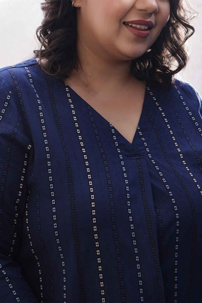 Plus Size Blue Weave Work  V Neck Cotton Top
