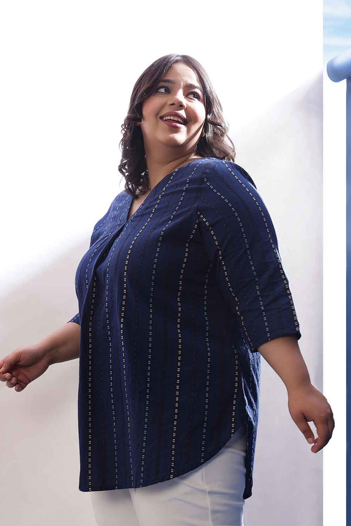 Plus Size Blue Weave Work  V Neck Cotton Top