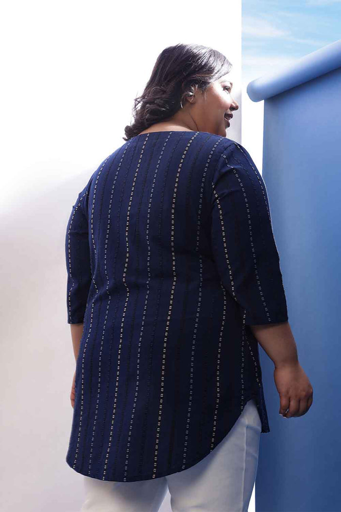 Plus Size Blue Weave Work  V Neck Cotton Top