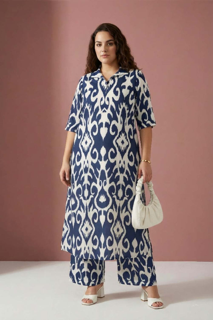 Plus Size Blue White Printed Coord Set