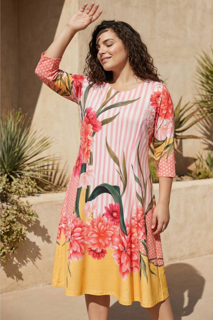 Plus Size Blush Floral Striped Printed A-Line Dress