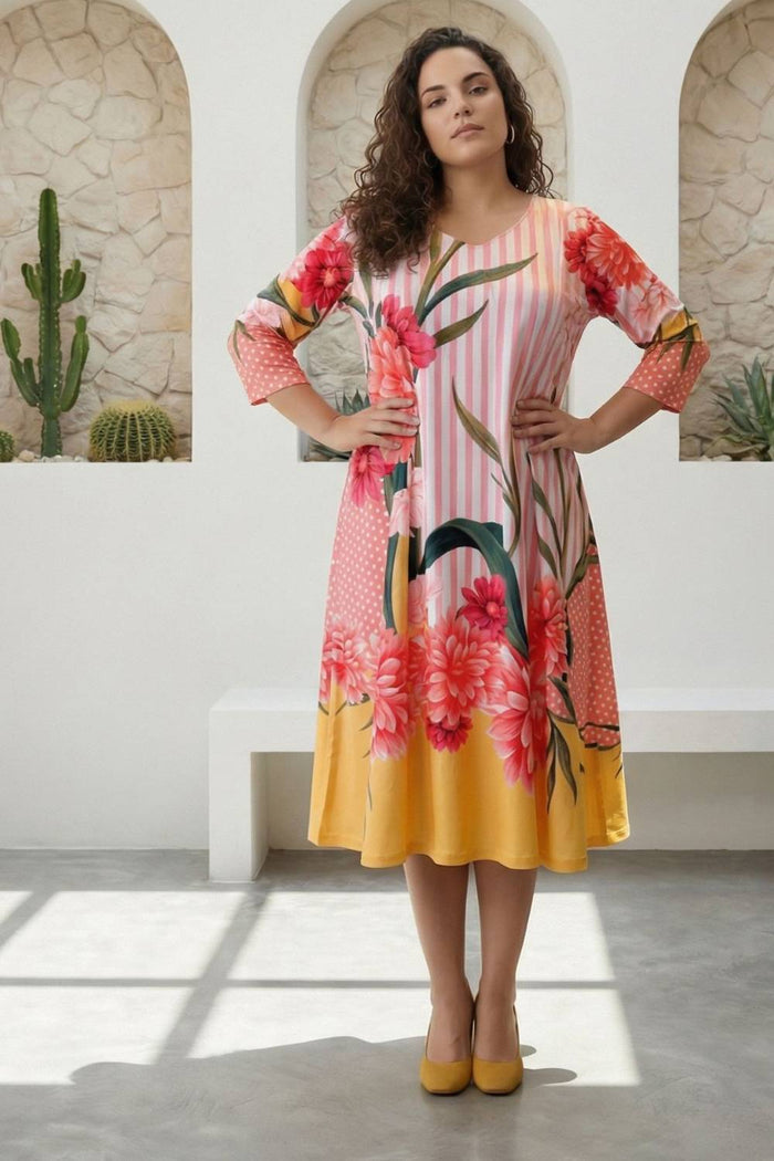 Plus Size Blush Floral Striped Printed A-Line Dress