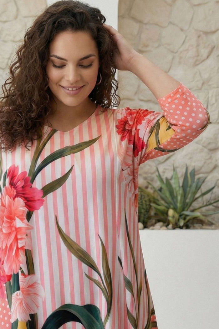 Plus Size Blush Floral Striped Printed A-Line Dress