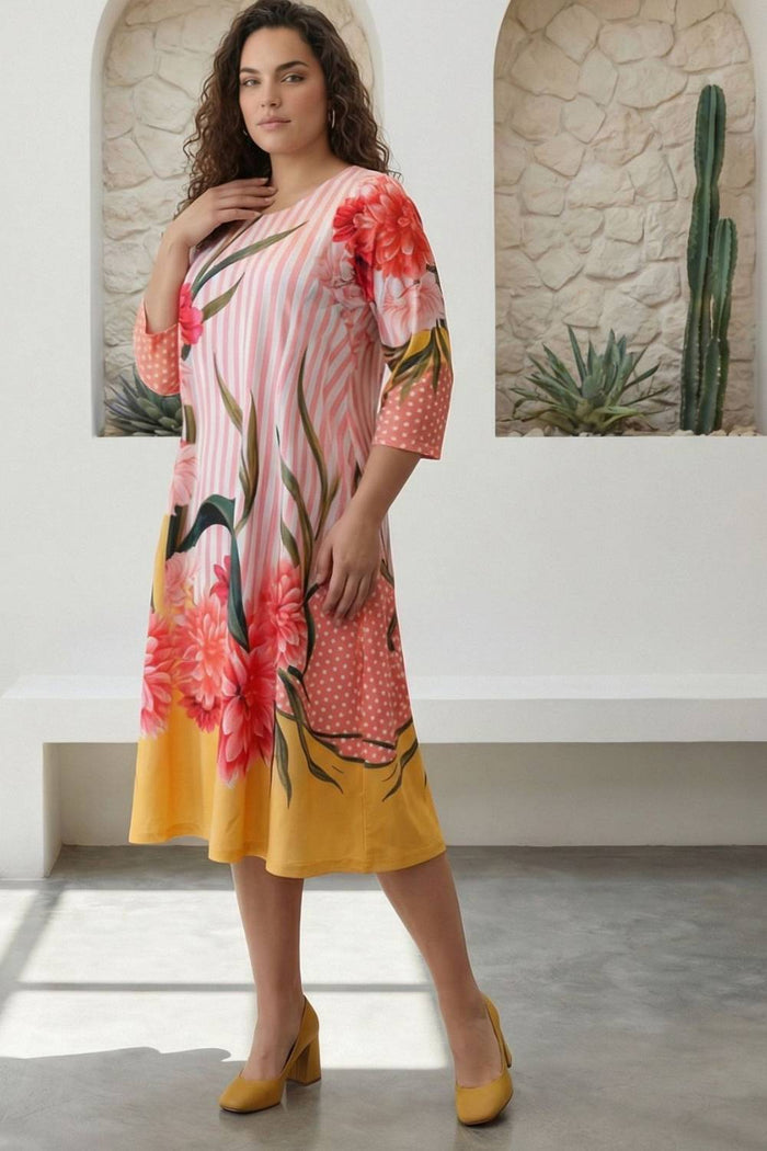 Plus Size Blush Floral Striped Printed A-Line Dress