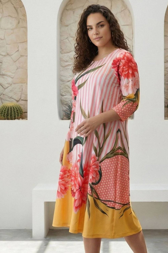 Plus Size Blush Floral Striped Printed A-Line Dress