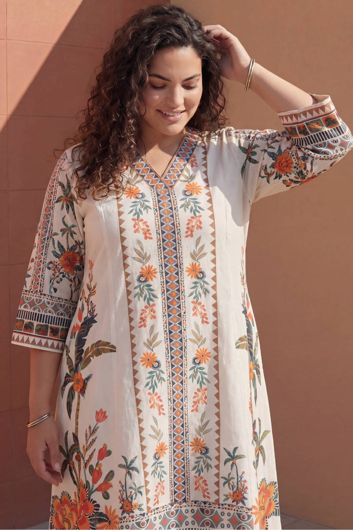 Plus Size Boho Floral Panel Print Cotton Midi Dress