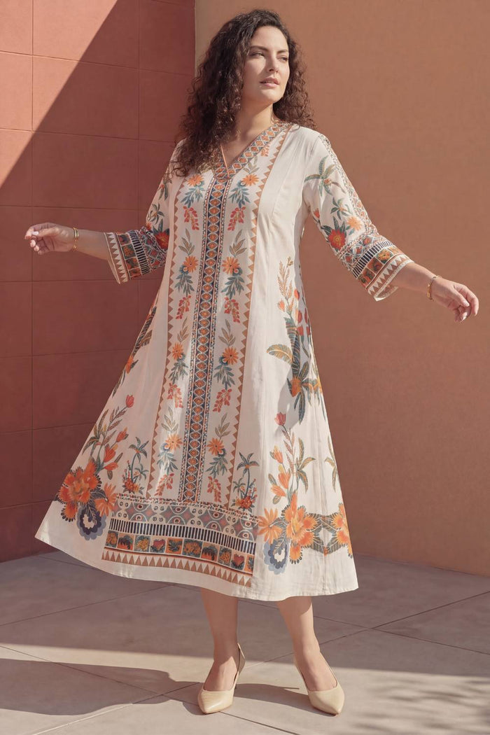 Plus Size Boho Floral Panel Print Cotton Midi Dress
