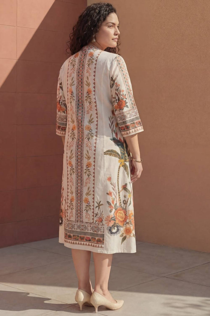 Plus Size Boho Floral Panel Print Cotton Midi Dress