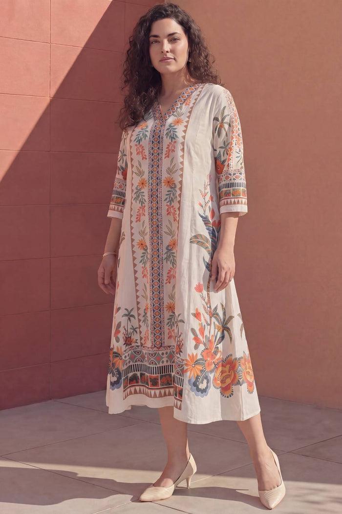 Plus Size Boho Floral Panel Print Cotton Midi Dress