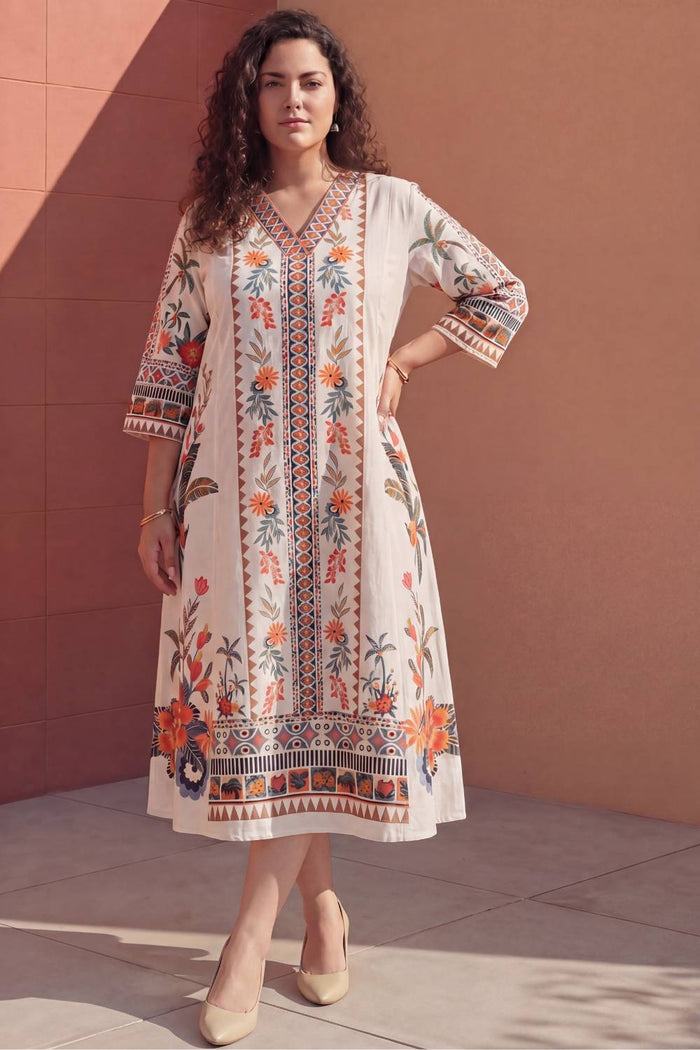 Plus Size Boho Floral Panel Print Cotton Midi Dress