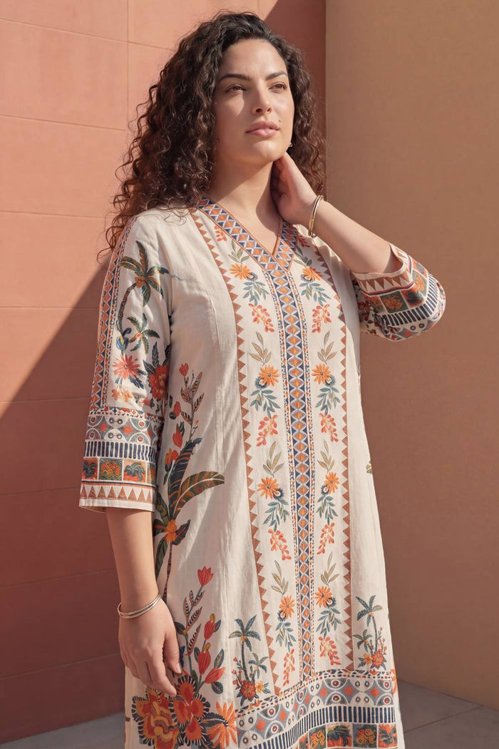 Plus Size Boho Floral Panel Print Cotton Midi Dress