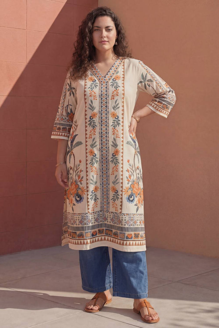 Plus Size Boho Floral Print Cotton V-Neck Kurta