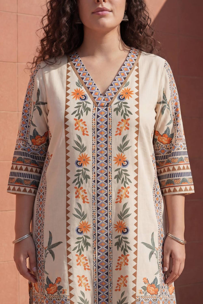 Plus Size Boho Floral Print Cotton V-Neck Kurta