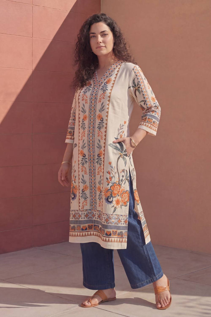 Plus Size Boho Floral Print Cotton V-Neck Kurta