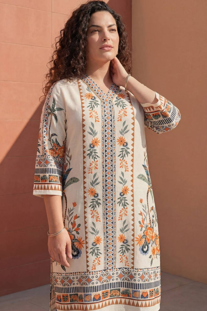 Plus Size Boho Floral Print Cotton V-Neck Kurta