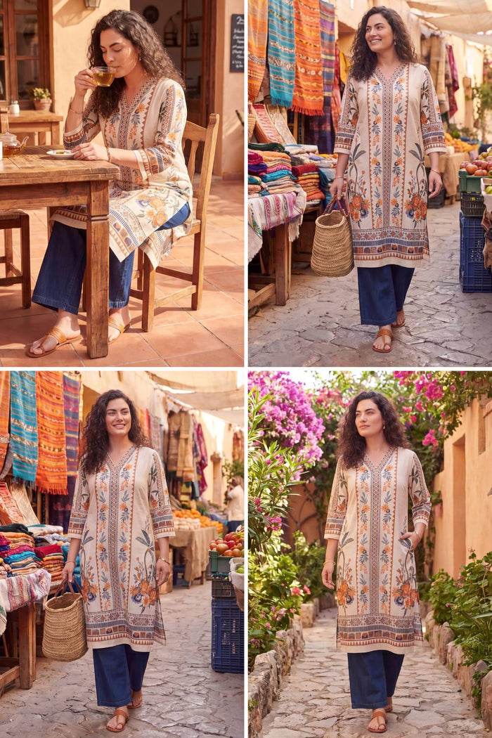 Plus Size Boho Floral Print Cotton V-Neck Kurta