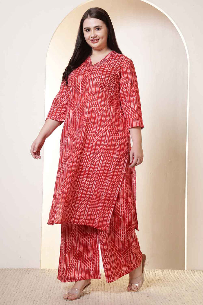 Plus Size Bold Red & White Print Cotton Kurta Coord Set