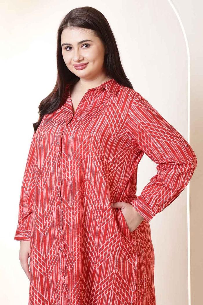 Plus Size Bold Red & White Print Cotton Shirt Dress