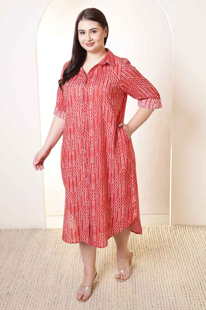 Plus Size Bold Red & White Print Cotton Shirt Dress