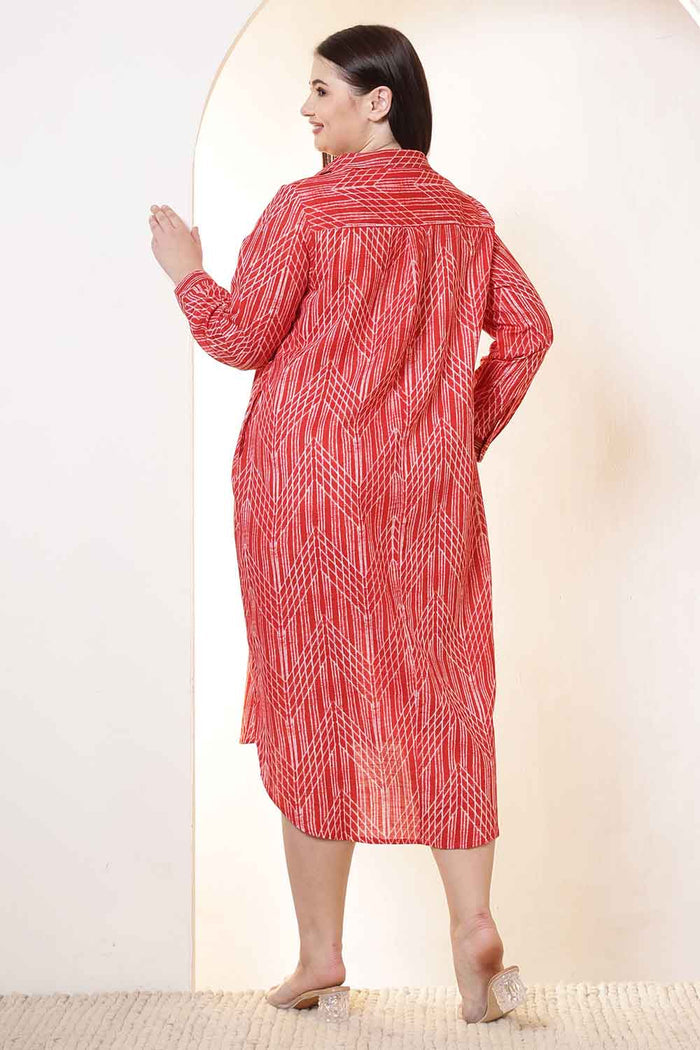 Plus Size Bold Red & White Print Cotton Shirt Dress